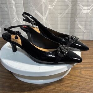 JRenee Women's Black Patent Slingback Pointed Flats with Chain Accent